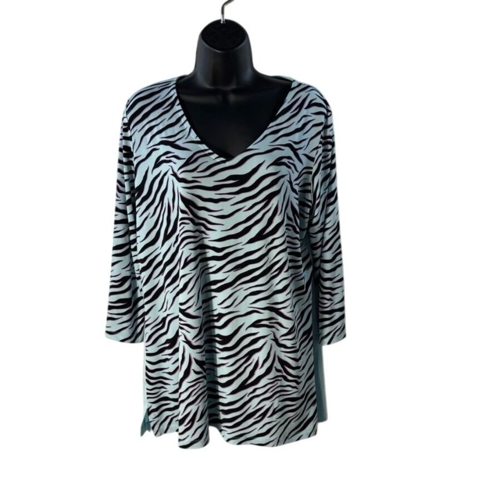 Iman Global Chic Zebra Print Top With V-Neck & 3/4 Sleeves Large